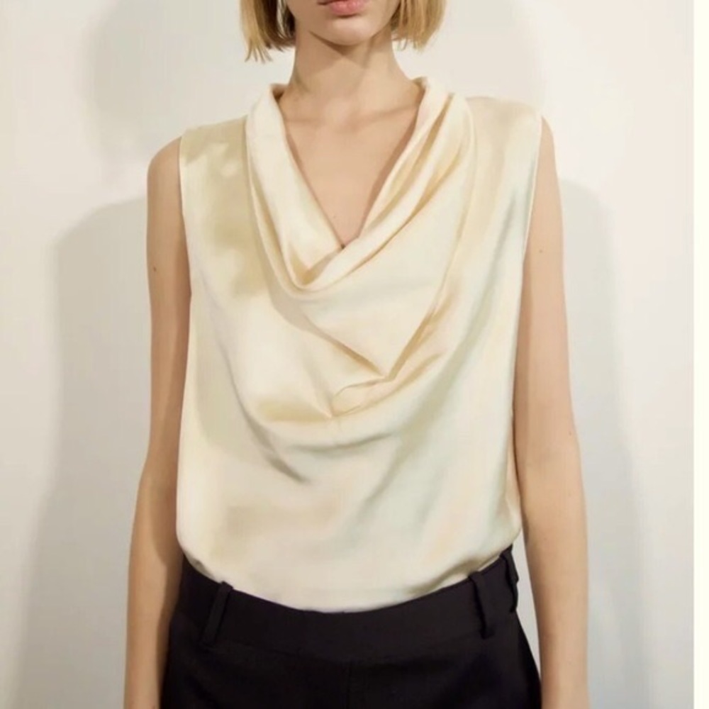 Zara Fluid Cowl neck sleeveless Cream Blouse SZ XS
